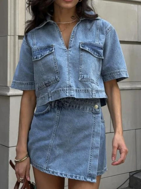'Chara' Short Sleeve Top and Skort Denim Set - Celes Fashion